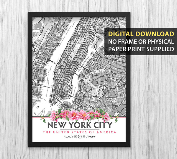 New York City Map with Peony Flowers - Printable