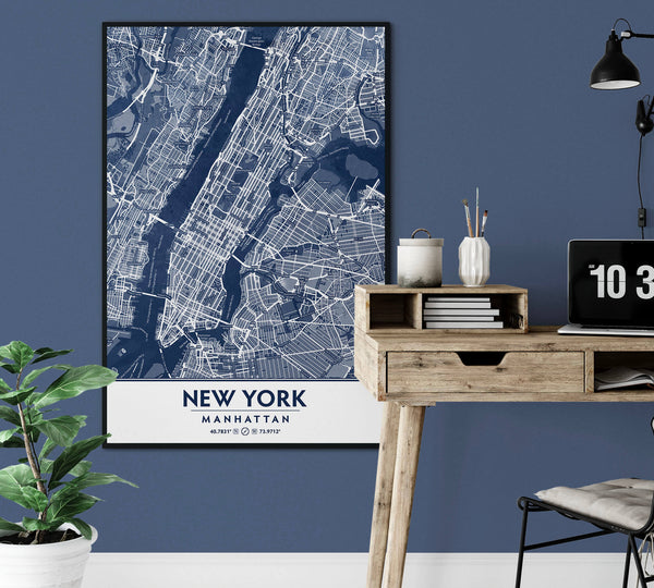 Classic Blue Textured Manhattan NYC Map