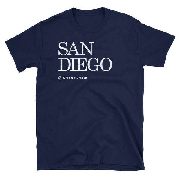 San Diego City USA Tshirt shows the Map Coordinates underneath in navy