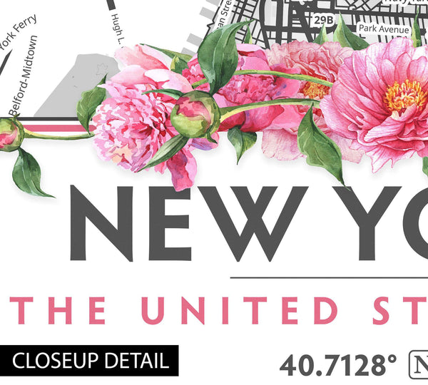 New York City Map with Peony Flowers - Printable