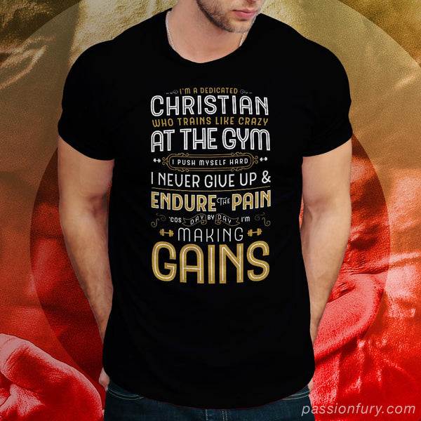 Model wearing Christian Gym Gains tshirt with red and gold backdrop