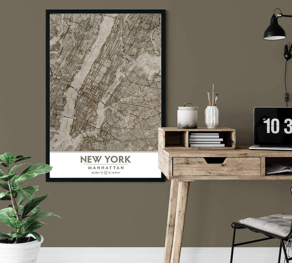 Putty and Beige Manhattan NYC Framed artwork near desk