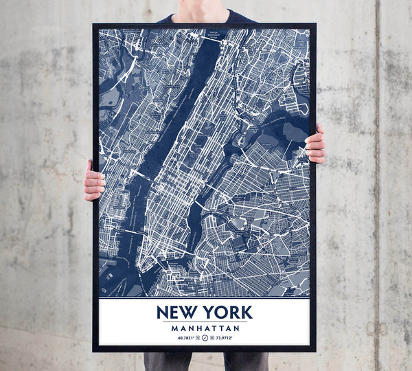 Classic Blue Textured Manhattan NYC Map