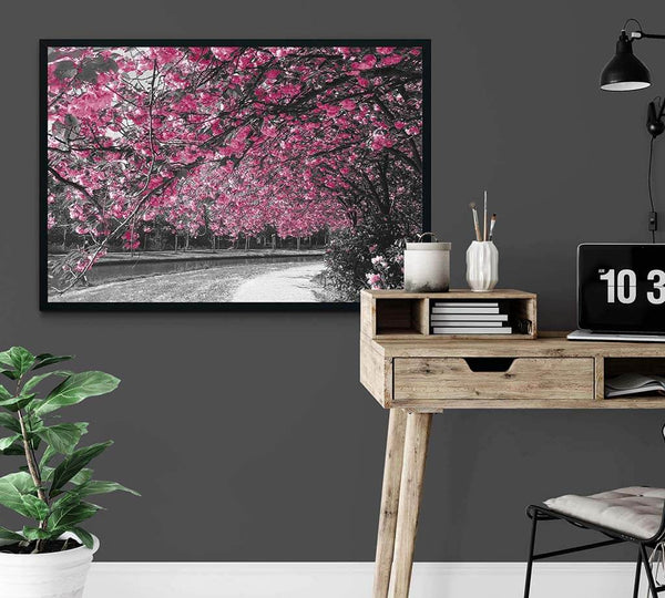 Cherry Blossom and Grey Trees Framed Photo Art on office wall