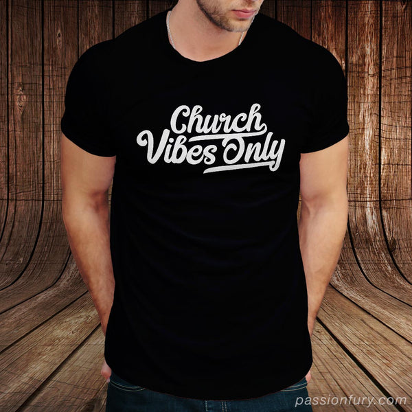 Model wearing black Church Vibes Only Tee Shirt