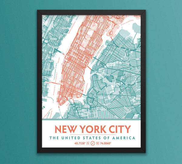 Teal & Coral New York City Map - Printable