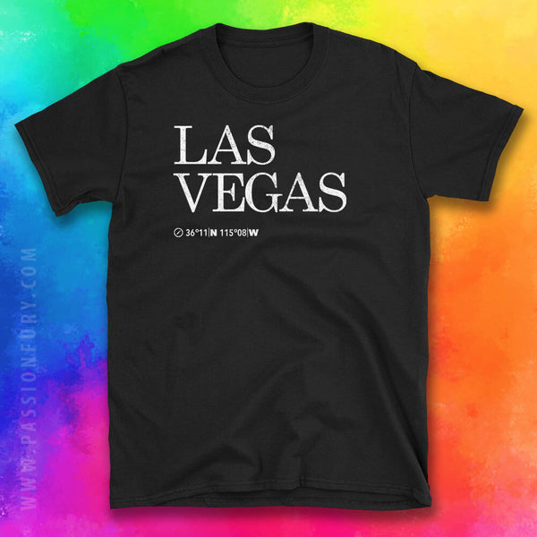 Las Vegas City Coordinates Tshirt with rainbow background