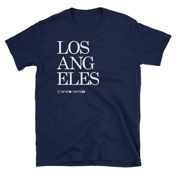 Los Angeles Map Coordinates Tshirt Design in navy blue colour