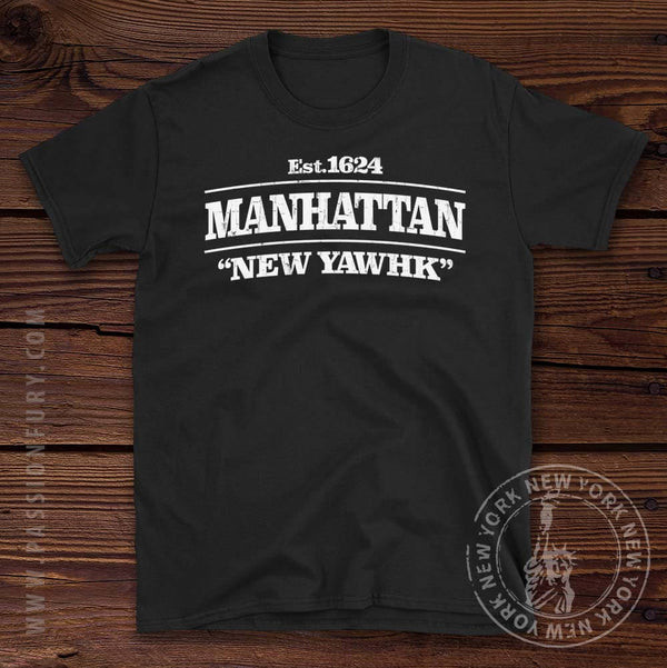 Manhattan New York City T shirt on Wooden background