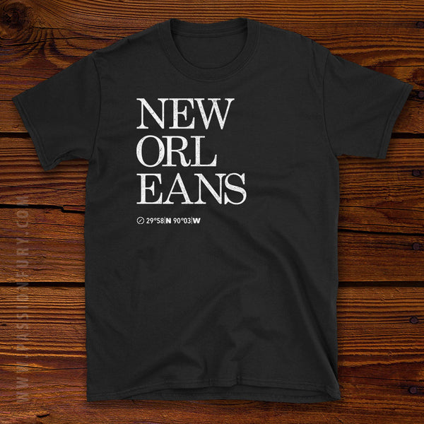 New Orleans City Coordinates Tshirt with wooden store background