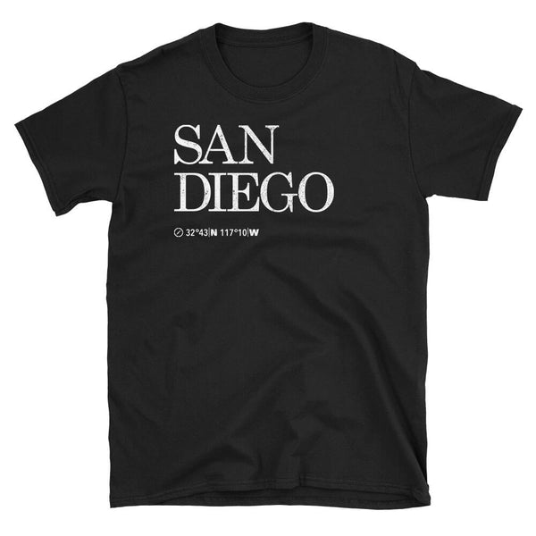 San Diego City USA Tshirt shows the Map Coordinates underneath in black