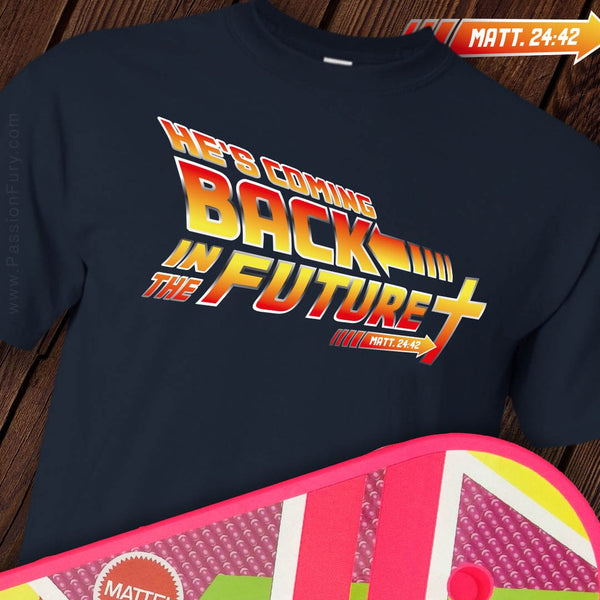 Christian themed back in the future tshirt with hoverboard