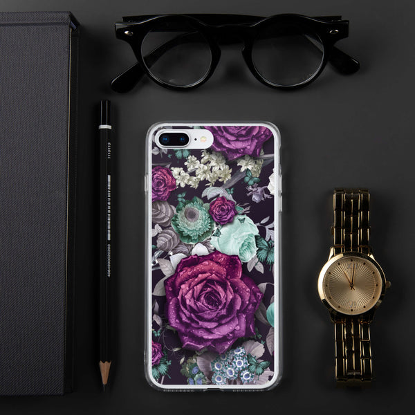 Aesthetic Dark Purple Roses Flower Pattern Butterfly Floral Quality iPhone Case Valentines Gift