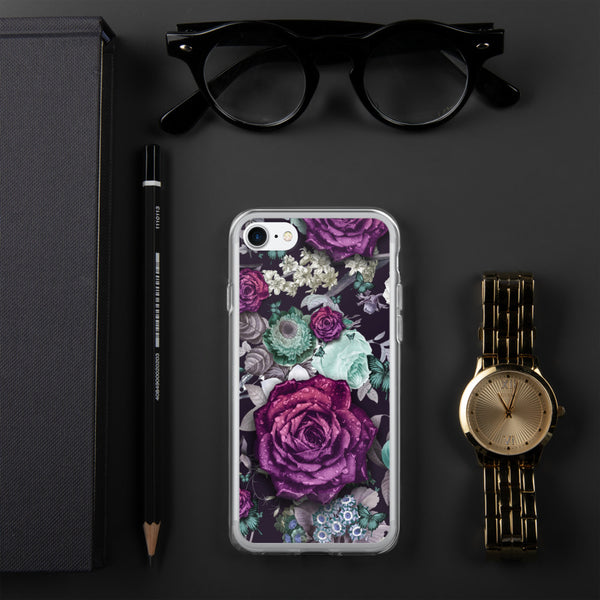 Aesthetic Dark Purple Roses Flower Pattern Butterfly Floral Quality iPhone Case Valentines Gift