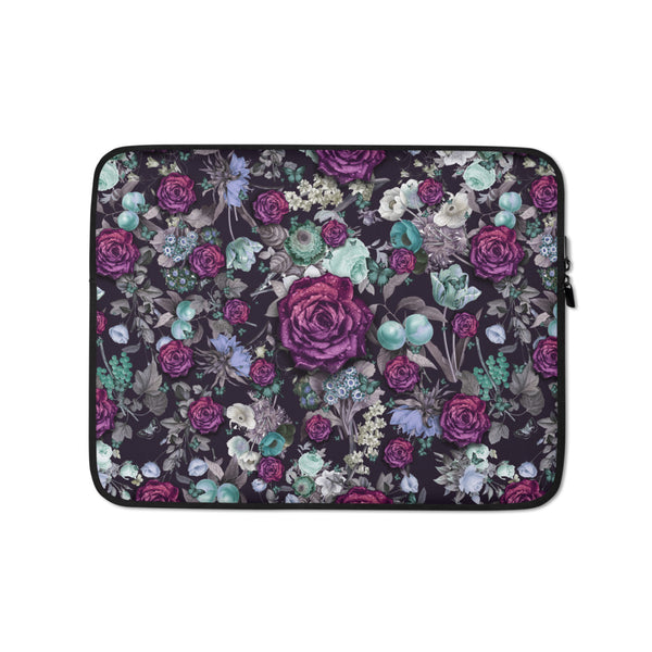 Aesthetic Dark Purple Roses Flower Pattern Butterfly Floral Lightweight Laptop Cover Sleeve Case Bag Accessory, Internal Padded Zipper, Gift