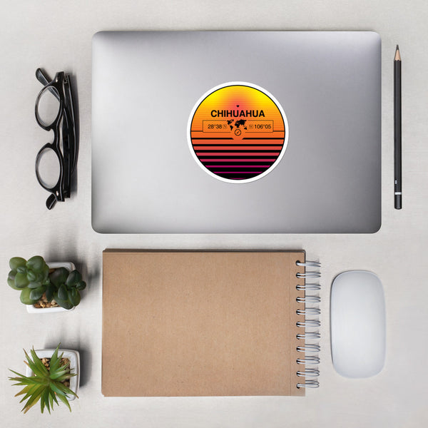 Chihuahua, Mexico 80s Retrowave Synthwave Sunset Vinyl Sticker 4.5"