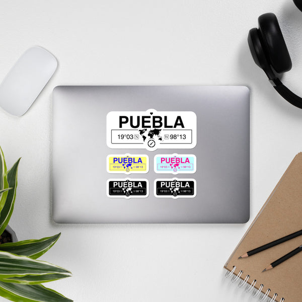 Puebla, Mexico Stickers, Map Coordinates, Set of 5 Vinyl Sticker Sheet 5.5x5.5 Inch