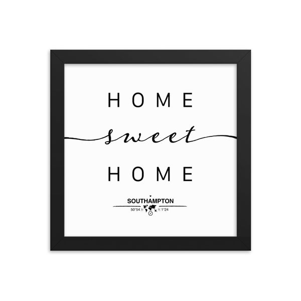 Southampton, England, UK Home Sweet Home With Map Coordinates Framed Artwork