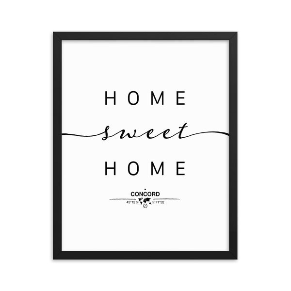 Concord, New Hampshire, USA Home Sweet Home With Map Coordinates Framed Artwork