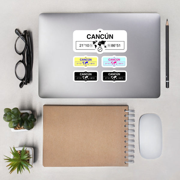 Cancún, Mexico Stickers, Map Coordinates, Set of 5 Vinyl Sticker Sheet 5.5x5.5 Inch
