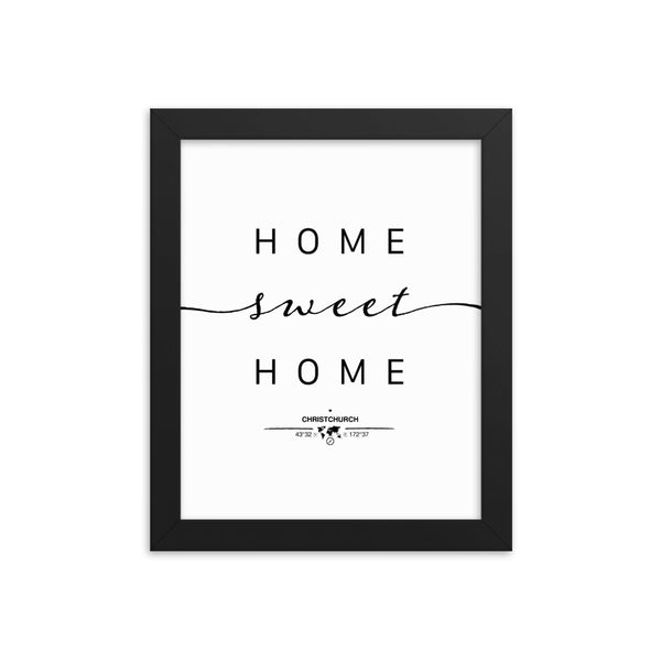 Christchurch,canterbury, New Zealand Home Sweet Home With Map Coordinates Framed Artwork