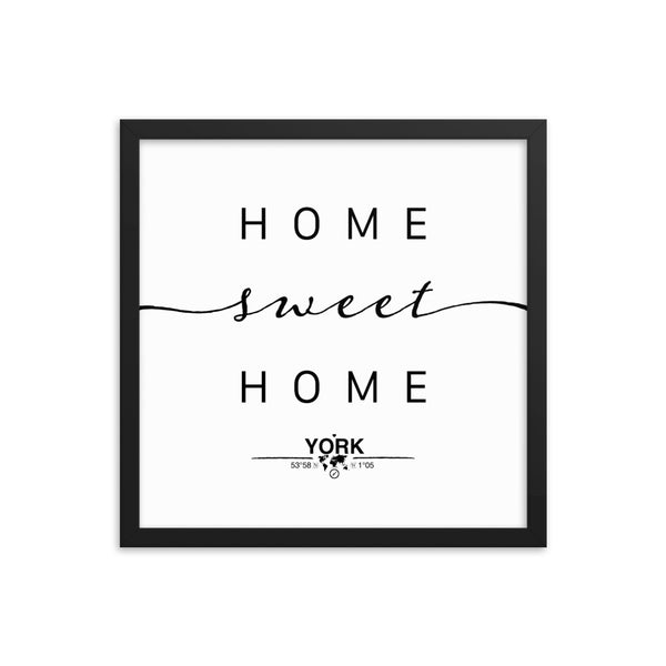 York, England, UK Home Sweet Home With Map Coordinates Framed Artwork