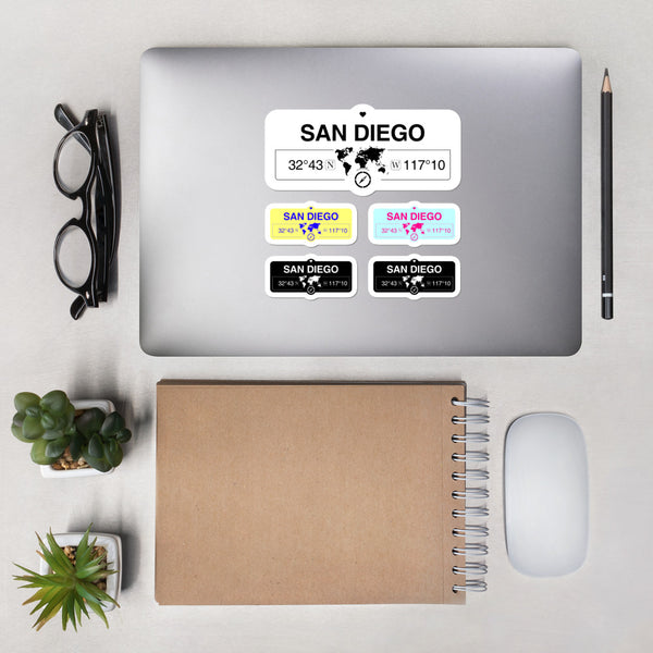 San Diego California High-Quality Vinyl Laptop Stickers, Set of 5 Pack