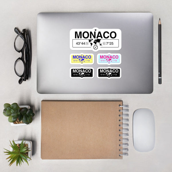 Monaco, Monaco Stickers, Map Coordinates, Set of 5 Vinyl Sticker Sheet 5.5x5.5 Inch