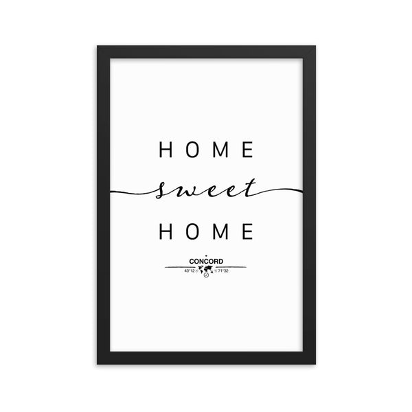 Concord, New Hampshire, USA Home Sweet Home With Map Coordinates Framed Artwork