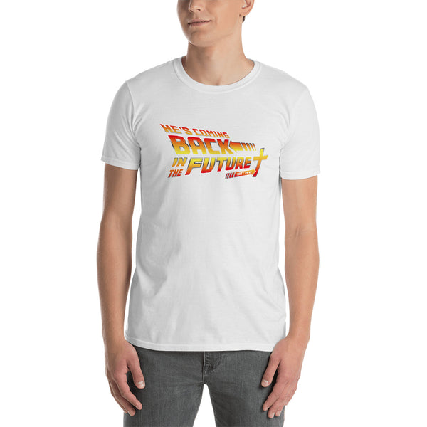 Christian themed back in the future tshirt modeled by man
