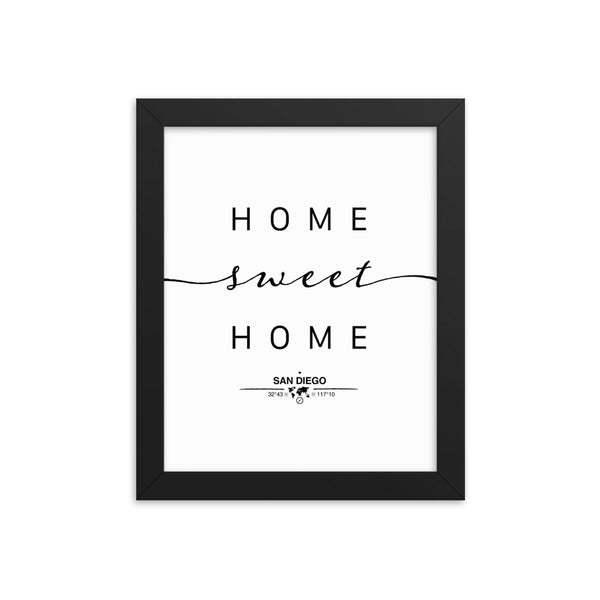 San Diego, California, USA Home Sweet Home With Map Coordinates Framed Artwork