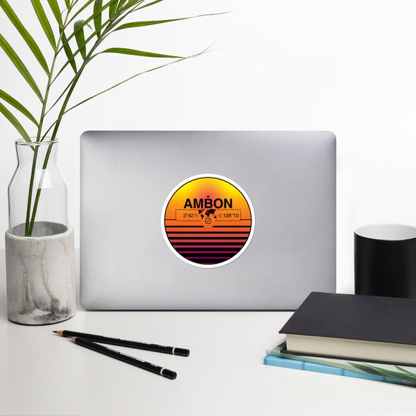 Ambon, Indonesia 80s Retrowave Synthwave Sunset Vinyl Sticker 4.5"