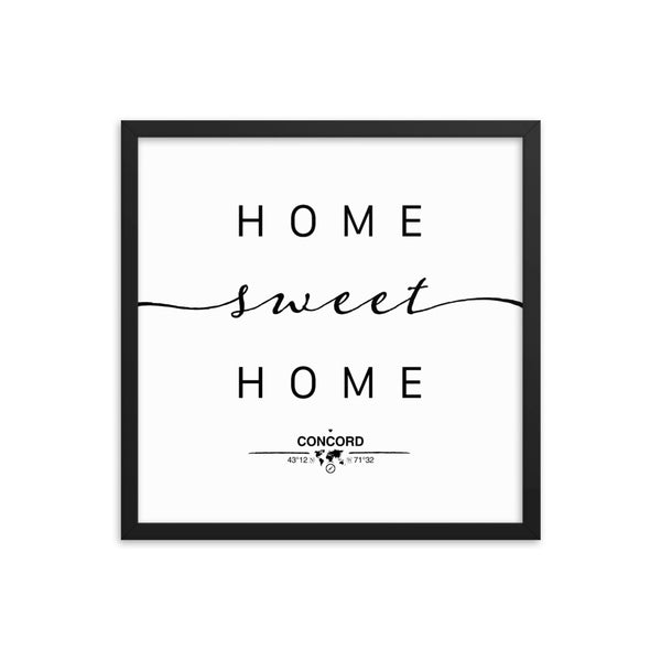 Concord, New Hampshire, USA Home Sweet Home With Map Coordinates Framed Artwork