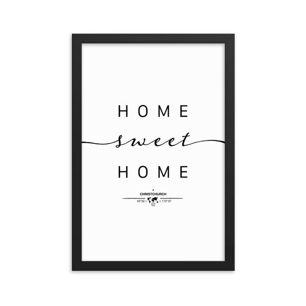 Christchurch,canterbury, New Zealand Home Sweet Home With Map Coordinates Framed Artwork