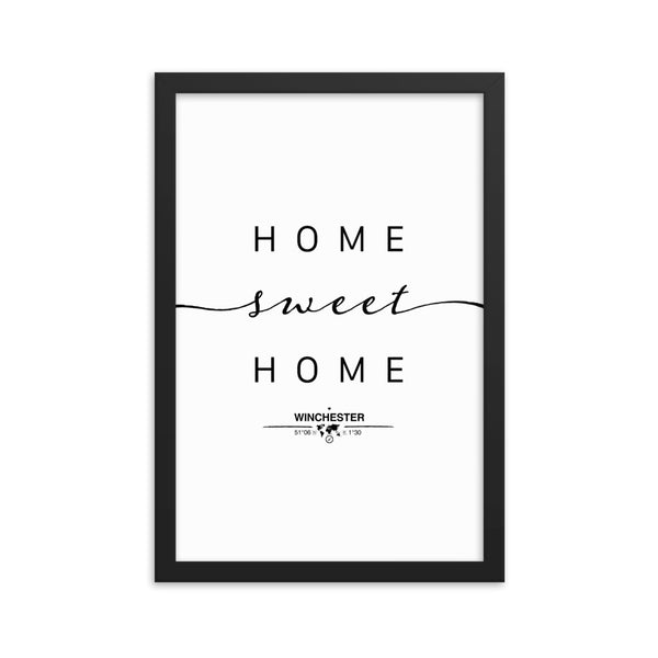 Winchester, England, UK Home Sweet Home With Map Coordinates Framed Artwork