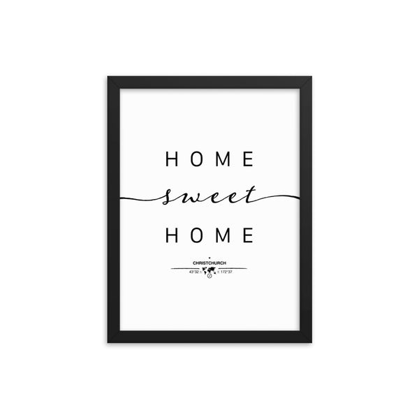 Christchurch,canterbury, New Zealand Home Sweet Home With Map Coordinates Framed Artwork