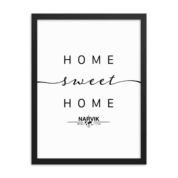 Narvik, Nordland, Norway Home Sweet Home With Map Coordinates Framed Artwork