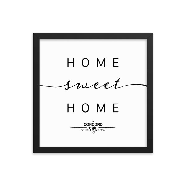 Concord, New Hampshire, USA Home Sweet Home With Map Coordinates Framed Artwork