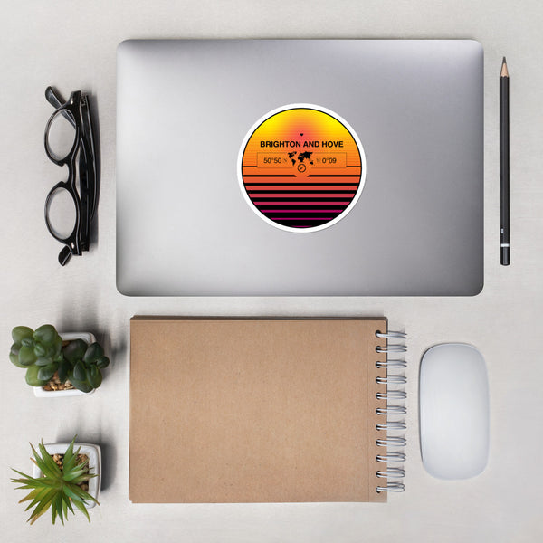 Brighton And Hove, England 80s Retrowave Synthwave Sunset Vinyl Sticker 4.5"