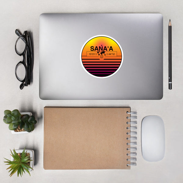 Sana'a Yemen 80s Retrowave Synthwave Sunset Vinyl Sticker 4.5"