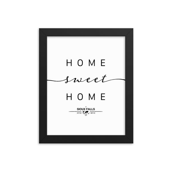 Sioux Falls, South Dakota, USA Home Sweet Home With Map Coordinates Framed Artwork