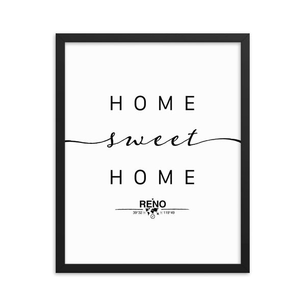 Reno, Nevada, USA Home Sweet Home With Map Coordinates Framed Artwork