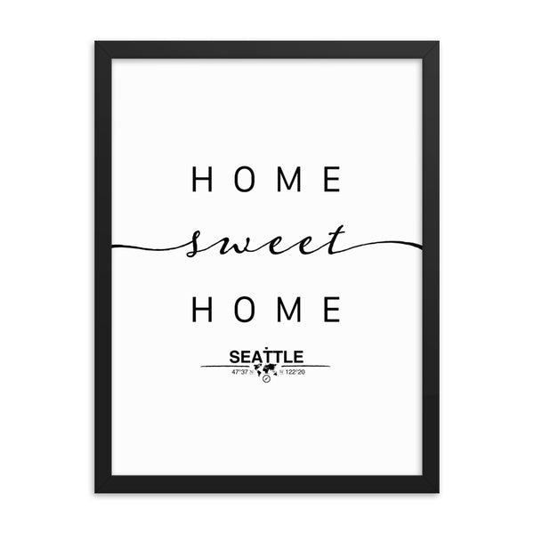Seattle, Washington, USA Home Sweet Home With Map Coordinates Framed Artwork